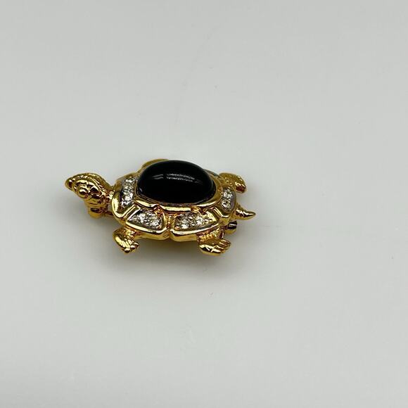 Vintage D’Orlan Gold Tone Rhinestone Turtle Brooch Pin Glass Cabochon - Picture 3 of 8